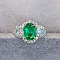 1.59 Ct. Emerald and Natural Diamond Three Stone Ring, 18K White Gold Image