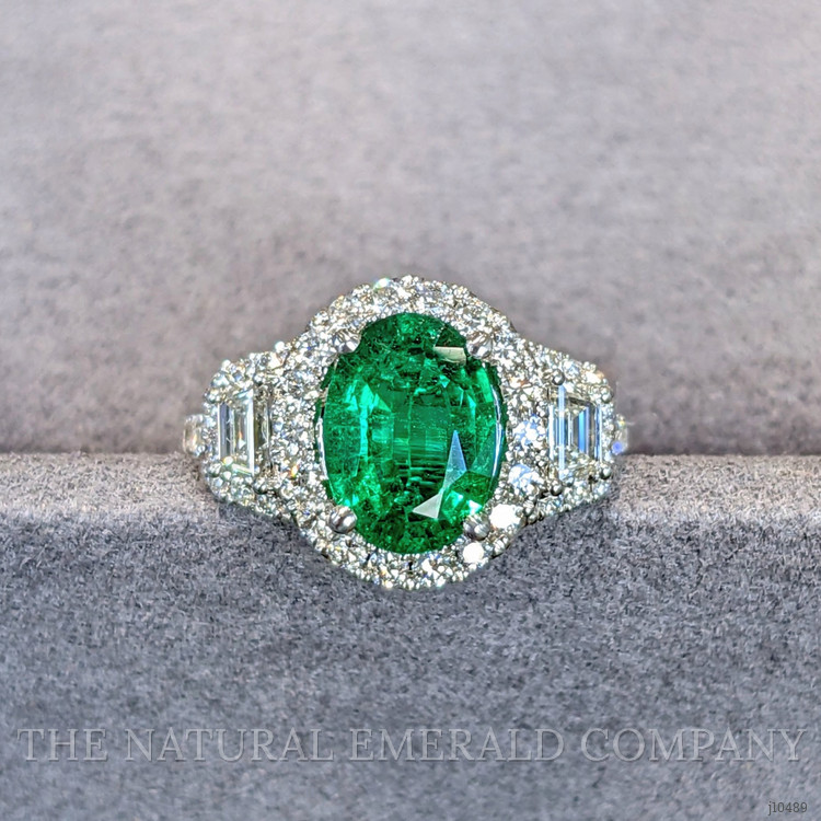 1.59 Ct. Emerald and Natural Diamond Three Stone Ring, 18K White Gold