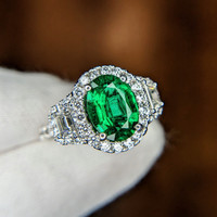 1.59 Ct. Emerald and Natural Diamond Three Stone Ring, 18K White Gold Image
