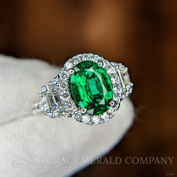 1.59 Ct. Emerald and Natural Diamond Three Stone Ring, 18K White Gold