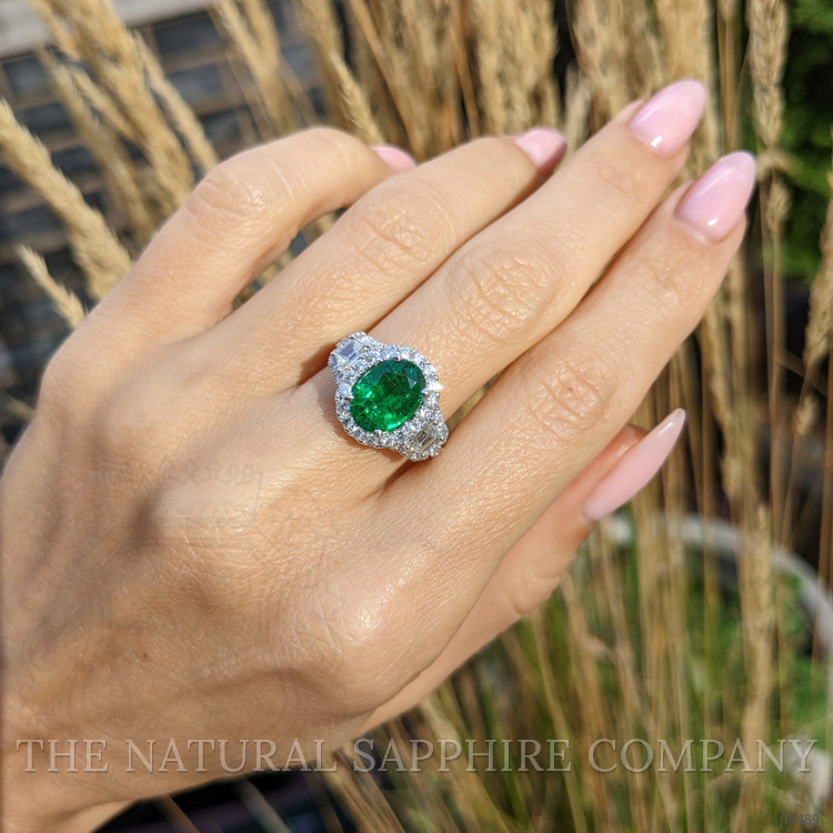 1.59 Ct. Emerald Natural Diamond Three Stone Ring, 18K White Gold