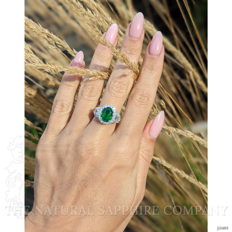 1.59 Ct. Emerald Natural Diamond Three Stone Ring, 18K White Gold