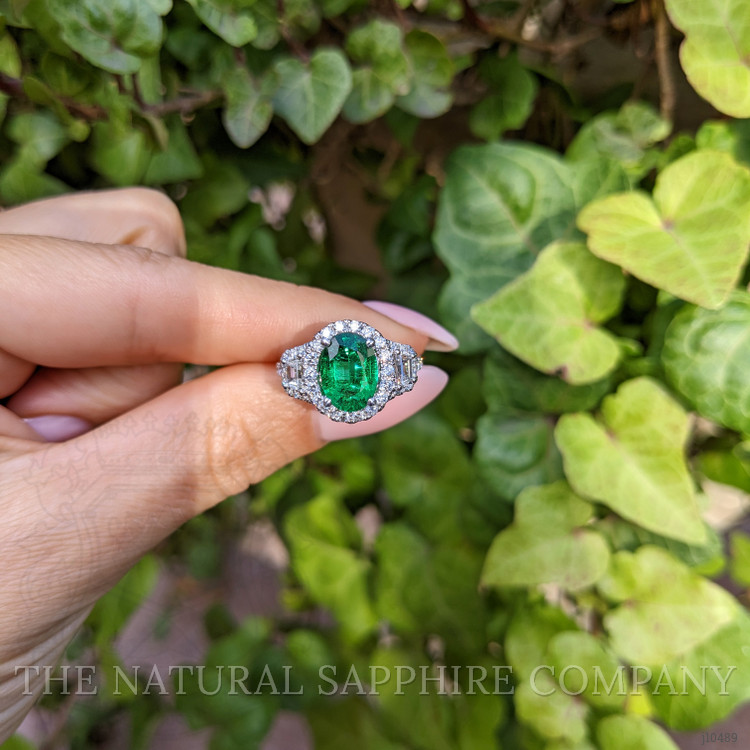 1.59 Ct. Emerald Natural Diamond Three Stone Ring, 18K White Gold