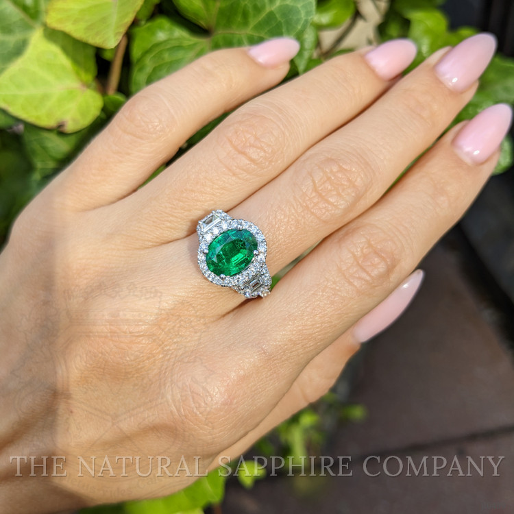 1.59 Ct. Emerald Natural Diamond Three Stone Ring, 18K White Gold