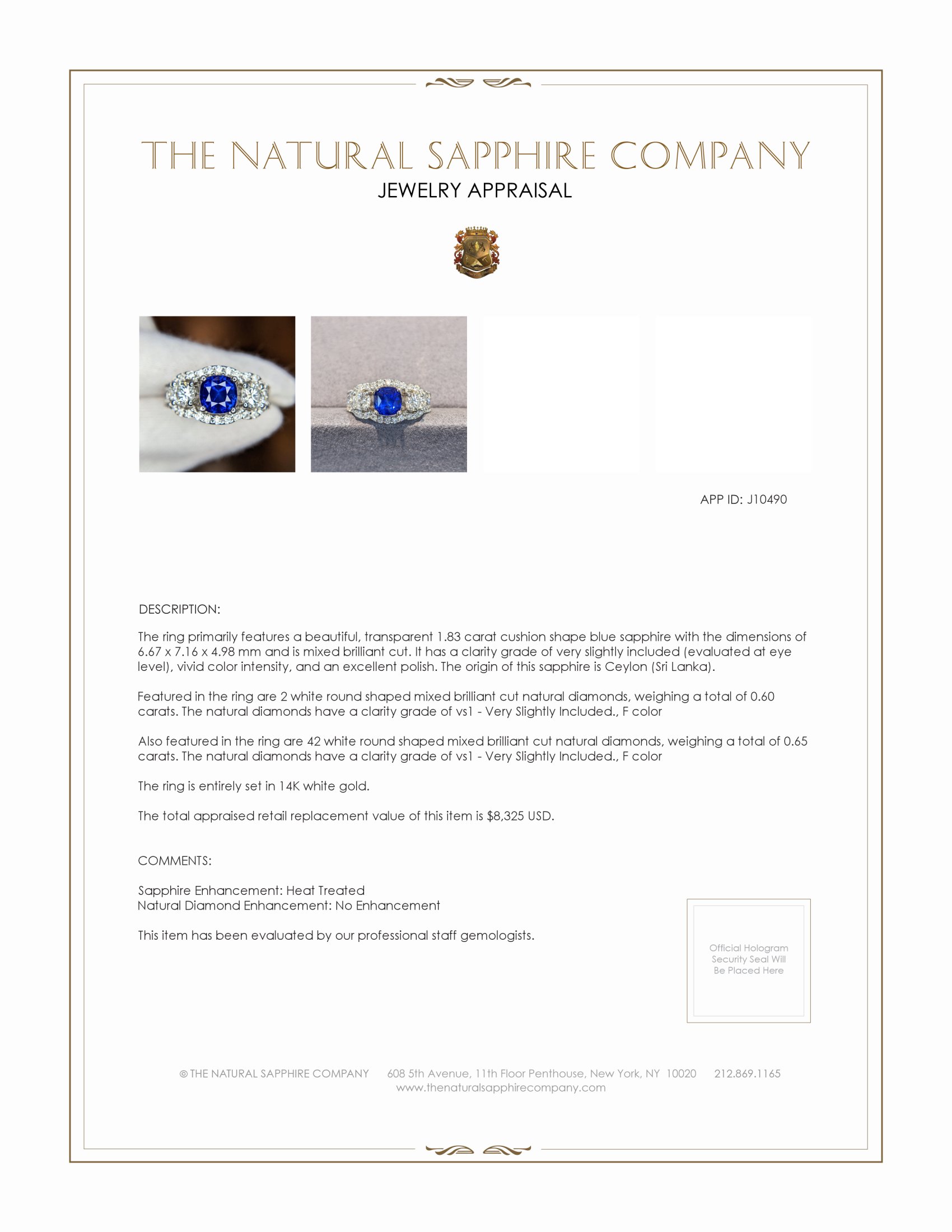 1.83 Ct. Blue Sapphire and Natural Diamond Three Stone Ring, 14K White Gold