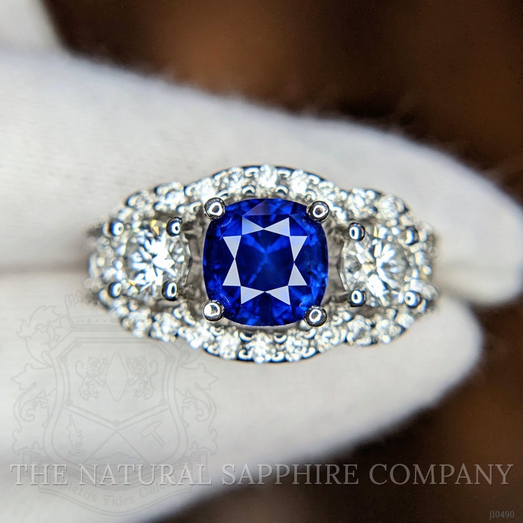 1.83 Ct. Blue Sapphire and Natural Diamond Three Stone Ring, 14K White Gold