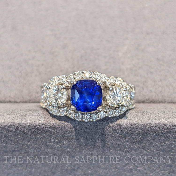 1.83 Ct. Blue Sapphire and Natural Diamond Three Stone Ring, 14K White Gold