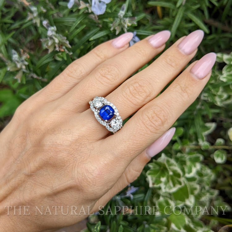 1.83 Ct. Blue Sapphire and Natural Diamond Three Stone Ring, 14K White Gold