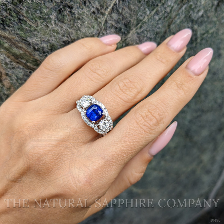 1.83 Ct. Blue Sapphire and Natural Diamond Three Stone Ring, 14K White Gold