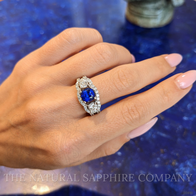 1.83 Ct. Blue Sapphire and Natural Diamond Three Stone Ring, 14K White Gold