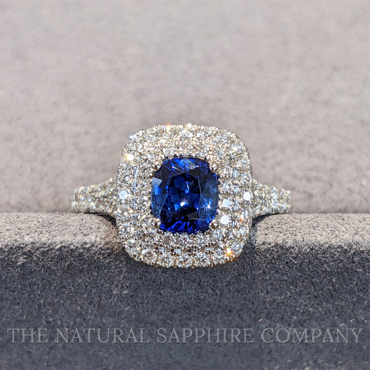 1.18 Ct. Blue Sapphire and Natural Diamond Pave Ring, 18K White Gold