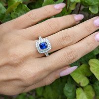 1.18 Ct. Blue Sapphire and Natural Diamond Pave Ring, 18K White Gold Life Style
