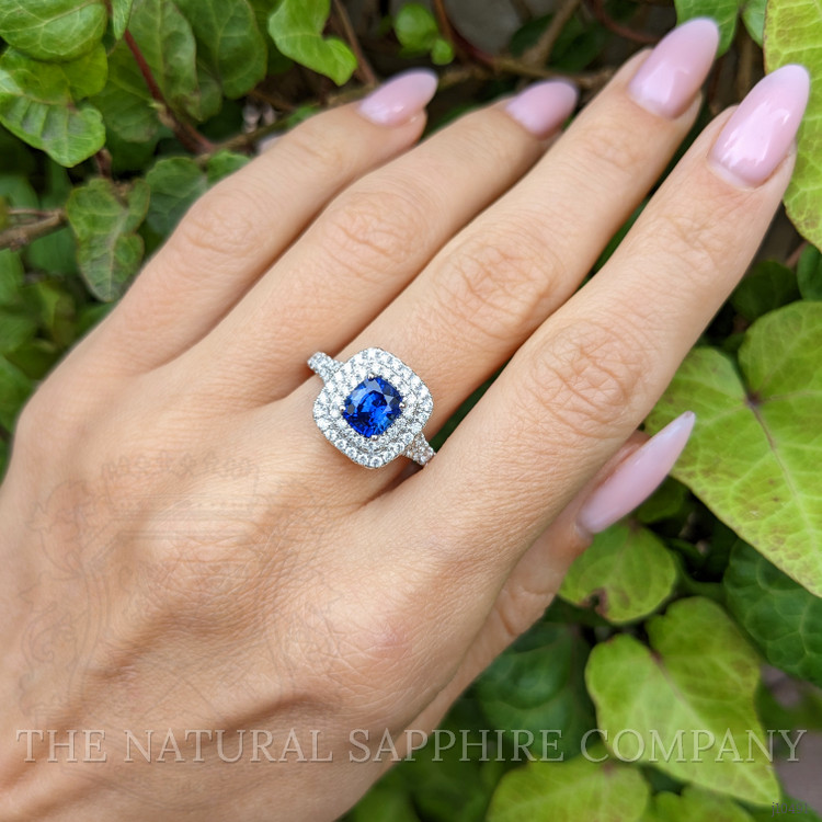 1.18 Ct. Blue Sapphire and Natural Diamond Pave Ring, 18K White Gold