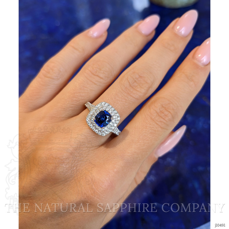 1.18 Ct. Blue Sapphire and Natural Diamond Pave Ring, 18K White Gold
