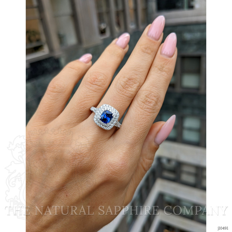 1.18 Ct. Blue Sapphire and Natural Diamond Pave Ring, 18K White Gold