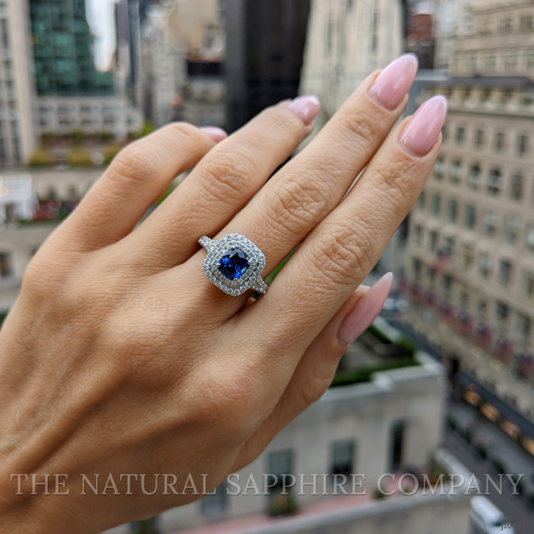 1.18 Ct. Blue Sapphire and Natural Diamond Pave Ring, 18K White Gold