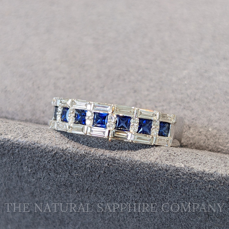 0.55 Ct. Blue Sapphire and Natural Diamond Pave Ring, 18K White Gold
