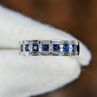 0.55 Ct. Blue Sapphire and Natural Diamond Pave Ring, 18K White Gold Image