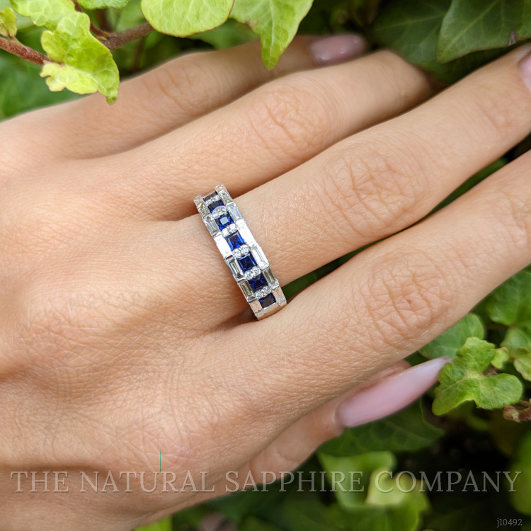 0.55 Ct. Blue Sapphire and Natural Diamond Pave Ring, 18K White Gold