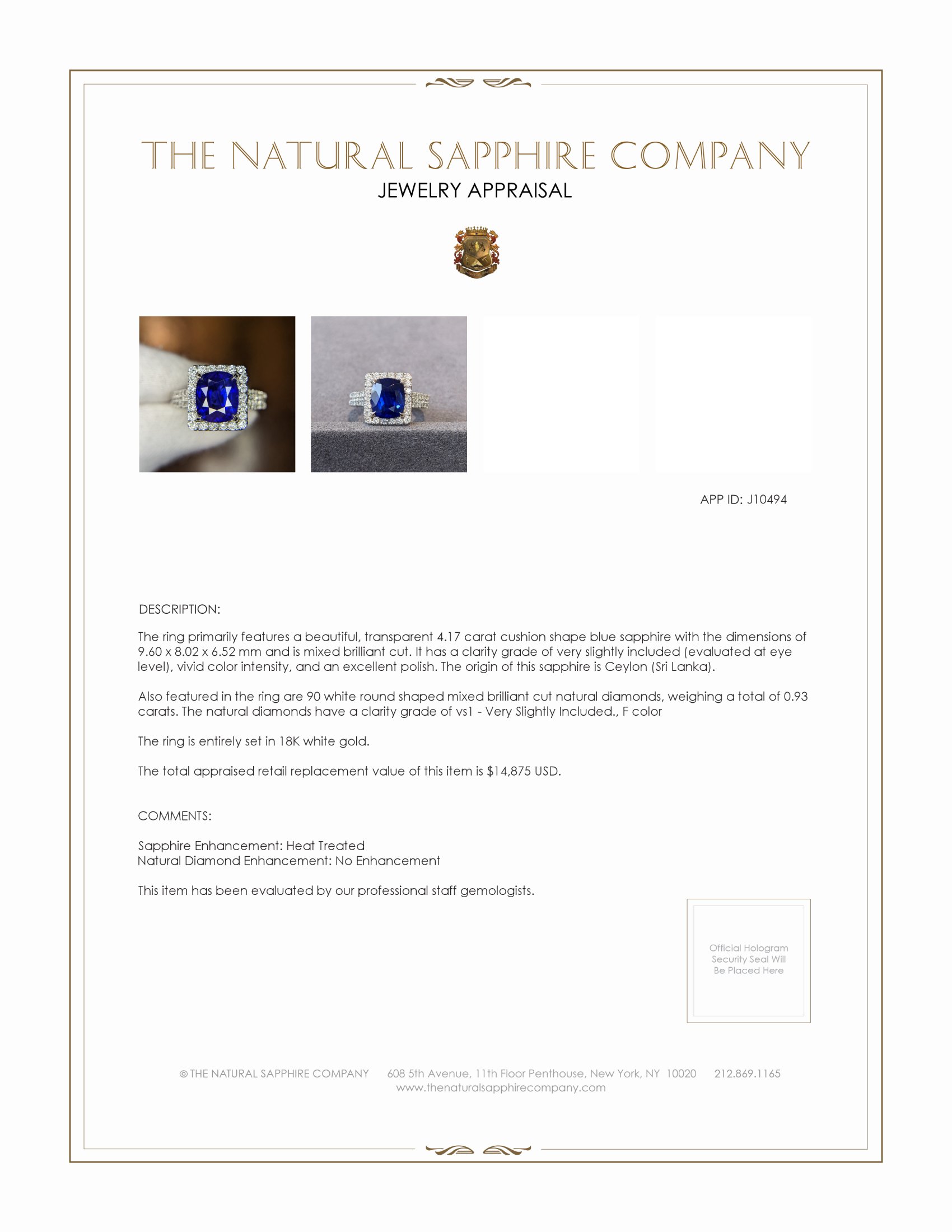 4.17 Ct. Blue Sapphire and Natural Diamond Pave Ring, 18K White Gold