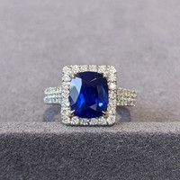 4.17 Ct. Blue Sapphire and Natural Diamond Pave Ring, 18K White Gold Image