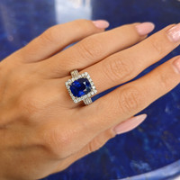 4.17 Ct. Blue Sapphire and Natural Diamond Pave Ring, 18K White Gold Life Style