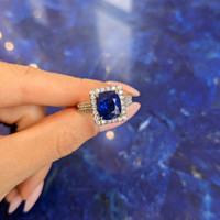 4.17 Ct. Blue Sapphire and Natural Diamond Pave Ring, 18K White Gold Life Style