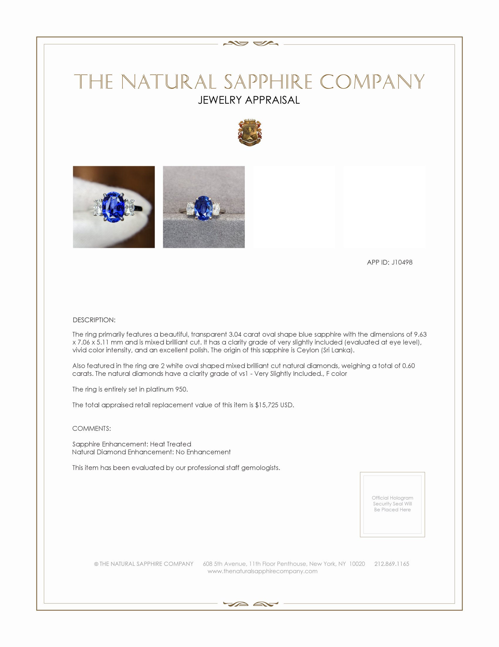 3.04 Ct. Blue Sapphire and Natural Diamond Three Stone Ring, Platinum 950