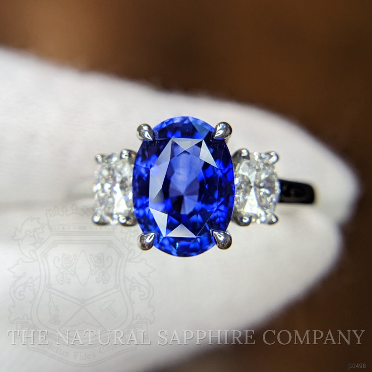 3.04 Ct. Blue Sapphire and Natural Diamond Three Stone Ring, Platinum 950