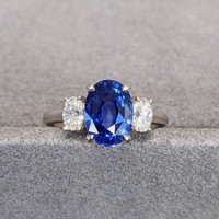 3.04 Ct. Blue Sapphire and Natural Diamond Three Stone Ring, Platinum 950 Image