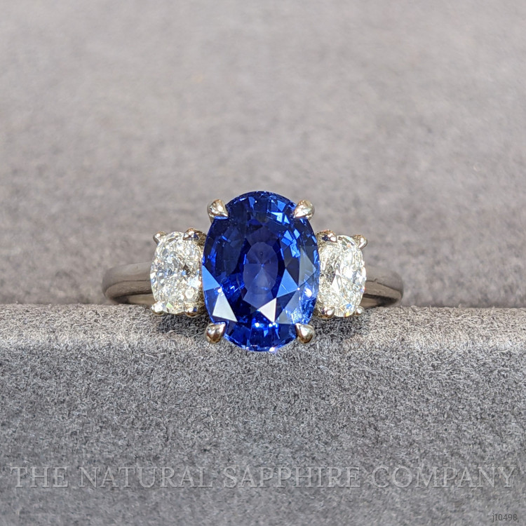 3.04 Ct. Blue Sapphire and Natural Diamond Three Stone Ring, Platinum 950