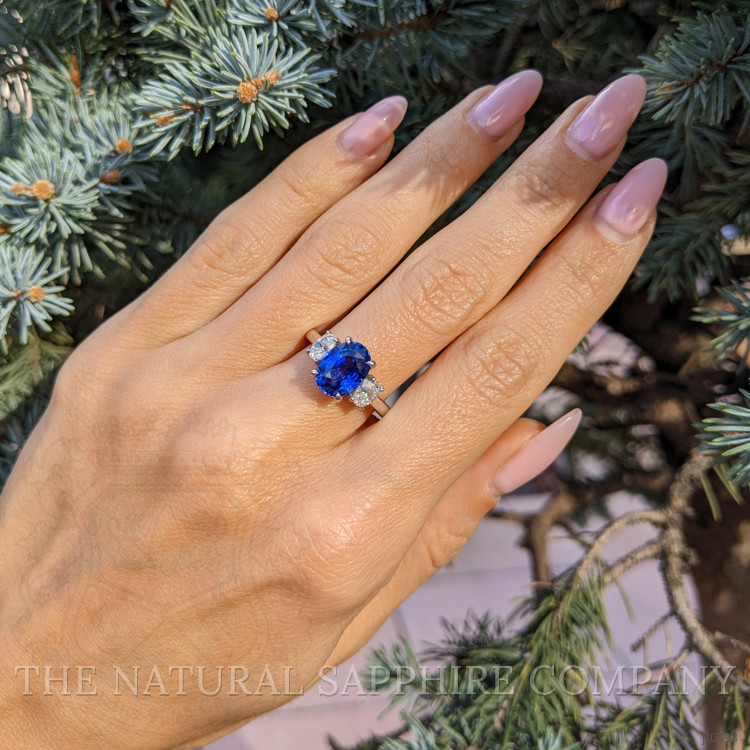 3.04 Ct. Blue Sapphire and Natural Diamond Three Stone Ring, Platinum 950