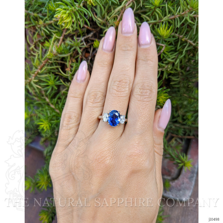 3.04 Ct. Blue Sapphire and Natural Diamond Three Stone Ring, Platinum 950