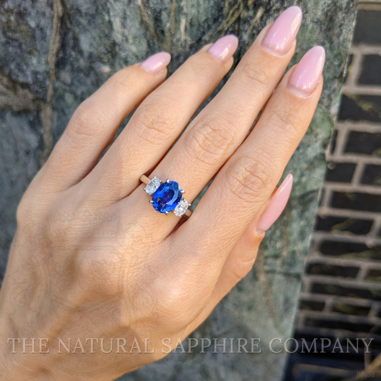 3.04 Ct. Blue Sapphire and Natural Diamond Three Stone Ring, Platinum 950