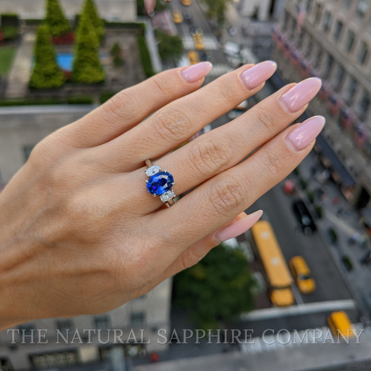 3.04 Ct. Blue Sapphire and Natural Diamond Three Stone Ring, Platinum 950