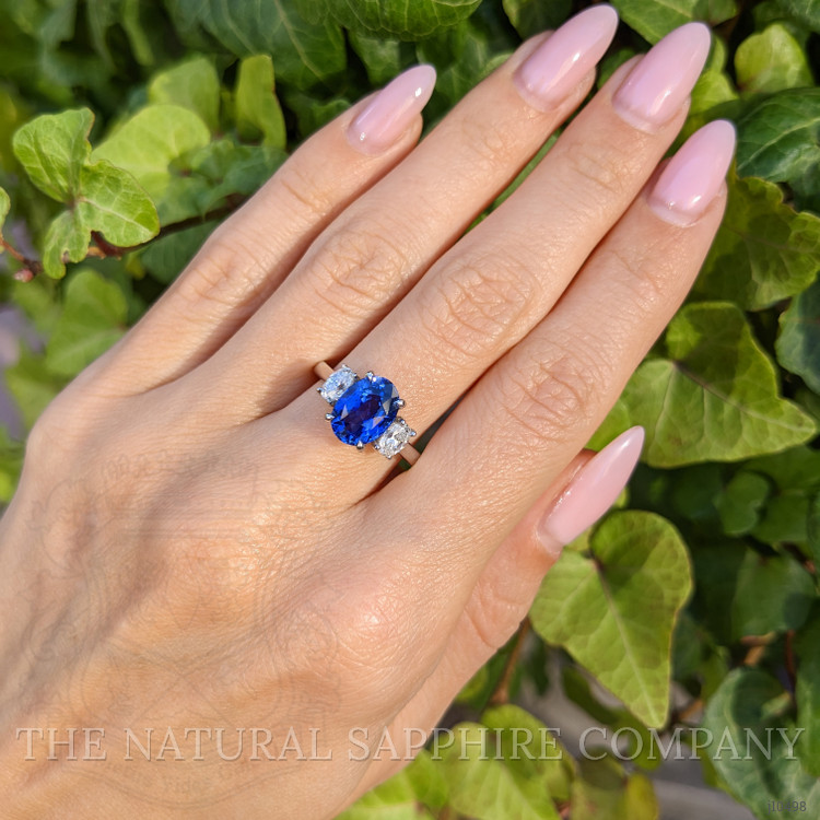 3.04 Ct. Blue Sapphire and Natural Diamond Three Stone Ring, Platinum 950