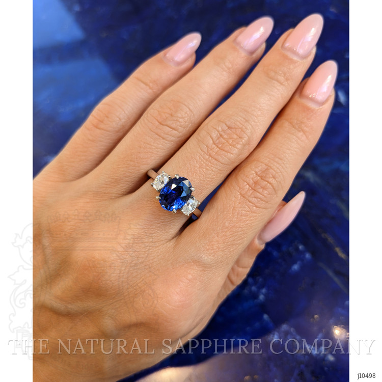 3.04 Ct. Blue Sapphire and Natural Diamond Three Stone Ring, Platinum 950