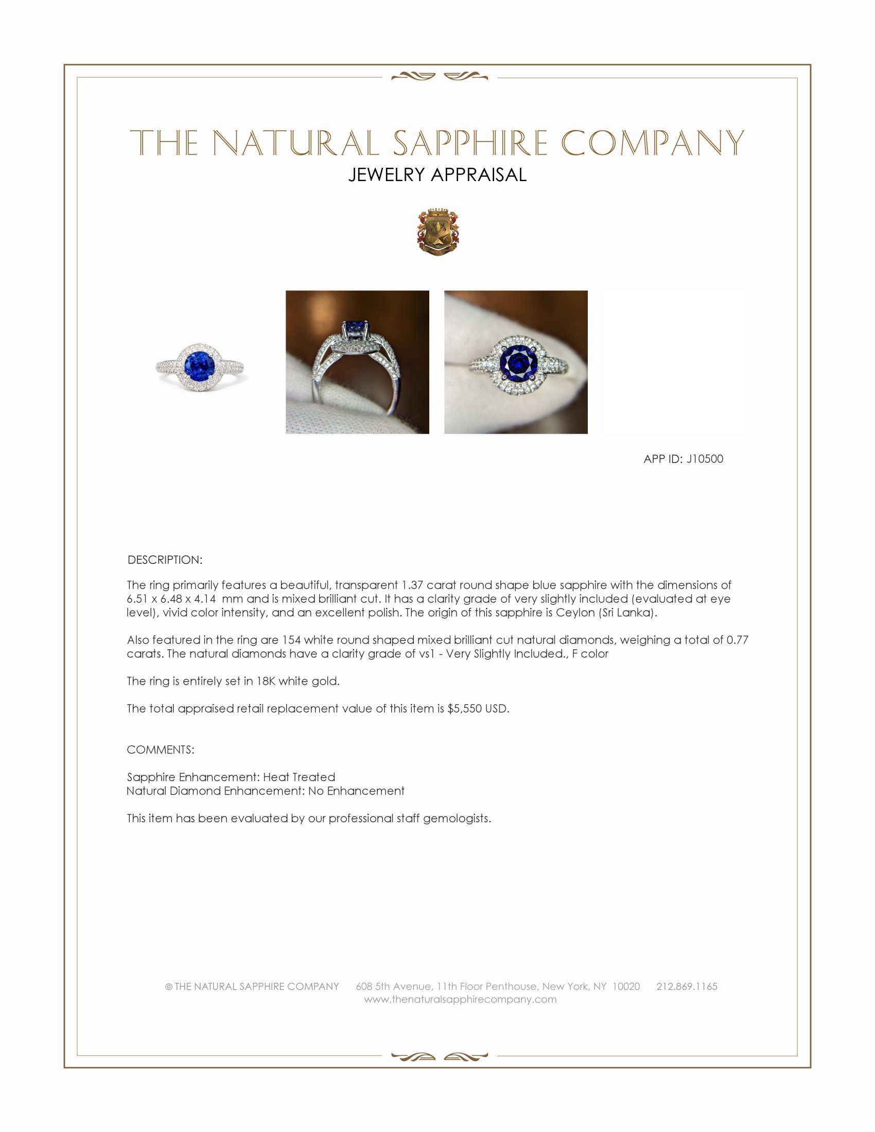 1.37 Ct. Blue Sapphire and Natural Diamond Pave Ring, 18K White Gold