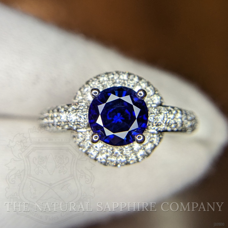 1.37 Ct. Blue Sapphire and Natural Diamond Pave Ring, 18K White Gold