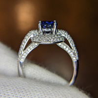 1.37 Ct. Blue Sapphire and Natural Diamond Pave Ring, 18K White Gold Image