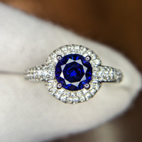 1.37 Ct. Blue Sapphire and Natural Diamond Pave Ring, 18K White Gold Image