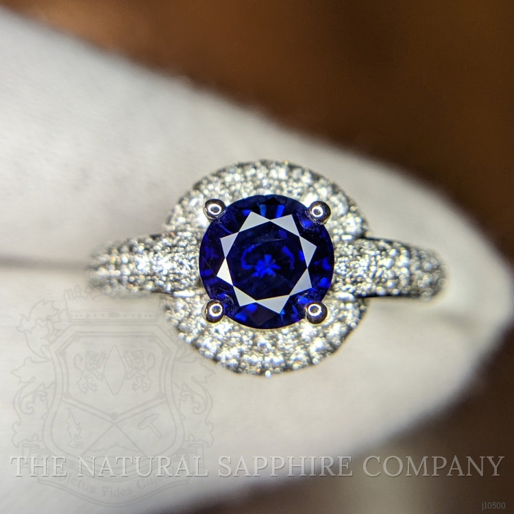 1.37 Ct. Blue Sapphire and Natural Diamond Pave Ring, 18K White Gold