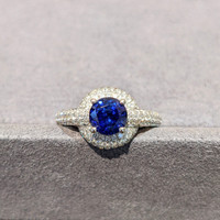 1.37 Ct. Blue Sapphire and Natural Diamond Pave Ring, 18K White Gold Life Style