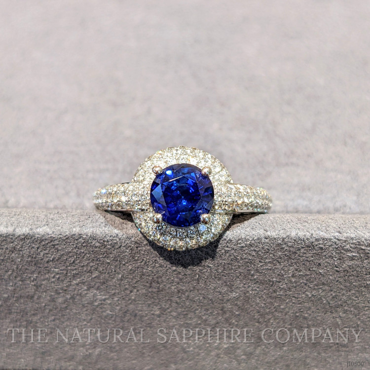 1.37 Ct. Blue Sapphire and Natural Diamond Pave Ring, 18K White Gold