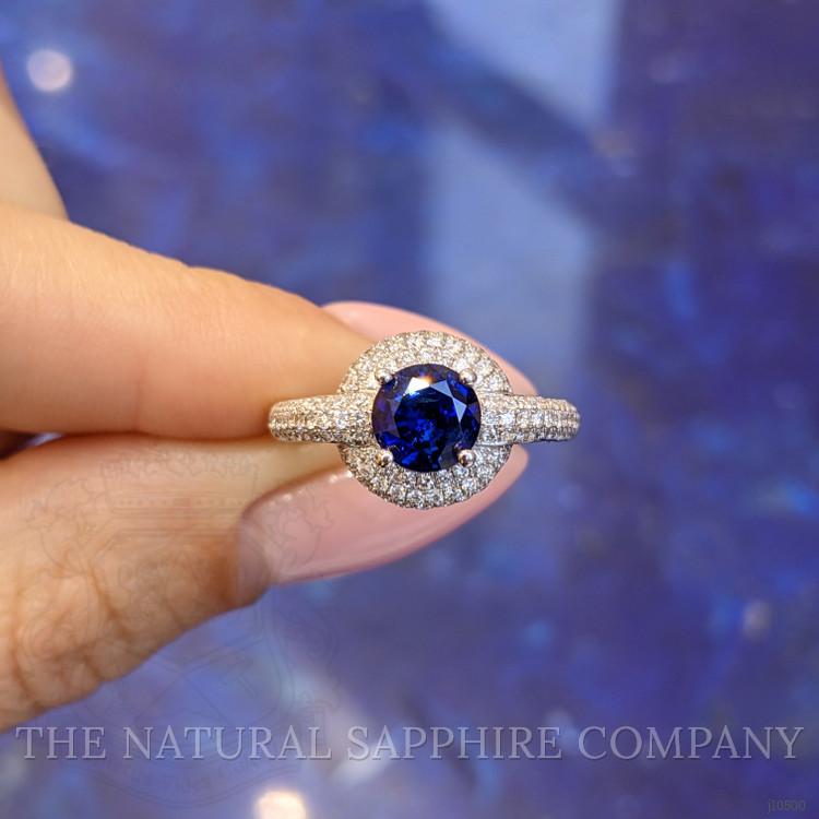 1.37 Ct. Blue Sapphire and Natural Diamond Pave Ring, 18K White Gold