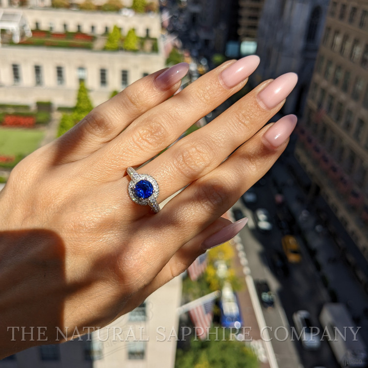 1.37 Ct. Blue Sapphire and Natural Diamond Pave Ring, 18K White Gold