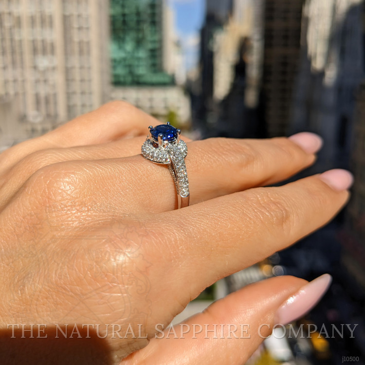 1.37 Ct. Blue Sapphire and Natural Diamond Pave Ring, 18K White Gold