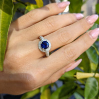1.37 Ct. Blue Sapphire and Natural Diamond Pave Ring, 18K White Gold Life Style