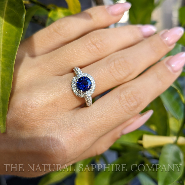 1.37 Ct. Blue Sapphire and Natural Diamond Pave Ring, 18K White Gold
