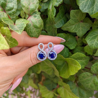 2.36 Ct.Tw. Blue Sapphire and Natural Diamond Pave Earrings, 18K White Gold Life Style